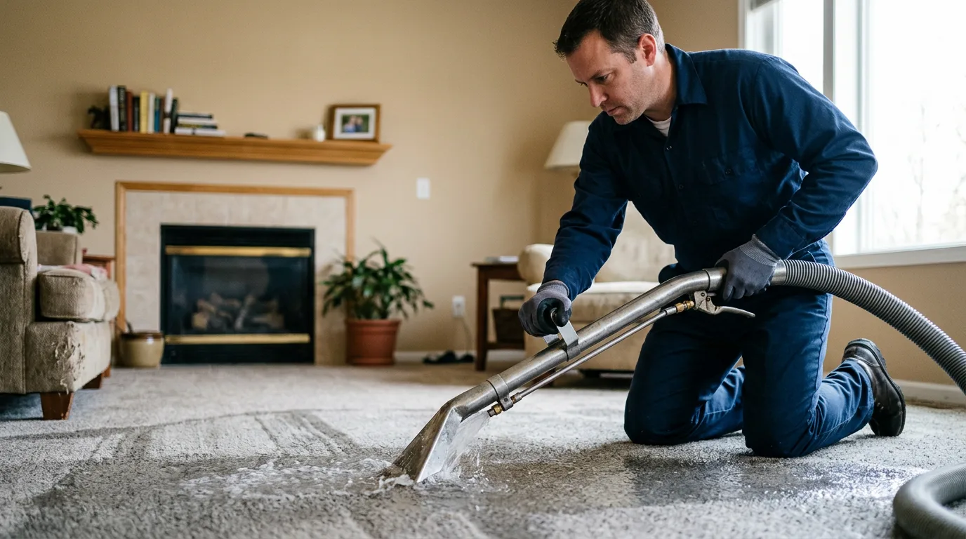 Water damage restoration technician working near Edelstein, IL